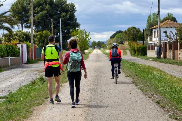 pareja paseando y chica andando en bici, todos de espaldas, por la vía verde del Tarazonica